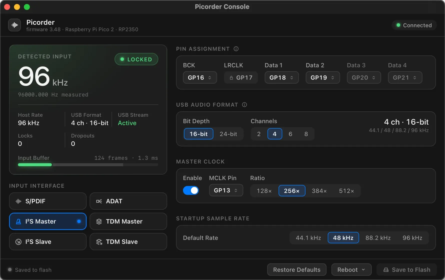 Picorder Console on macOS, connected to a Pico 2 locked to a 96 kHz I2S master input, streaming 4 channels at 16-bit over USB with pin assignment, USB audio format, master clock and startup rate controls.